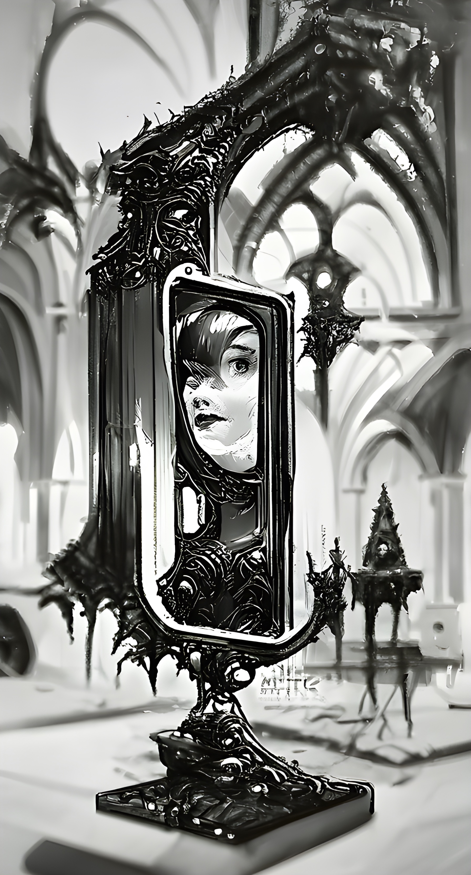 ai generated Black and white illustration of a woman looking in the mirror