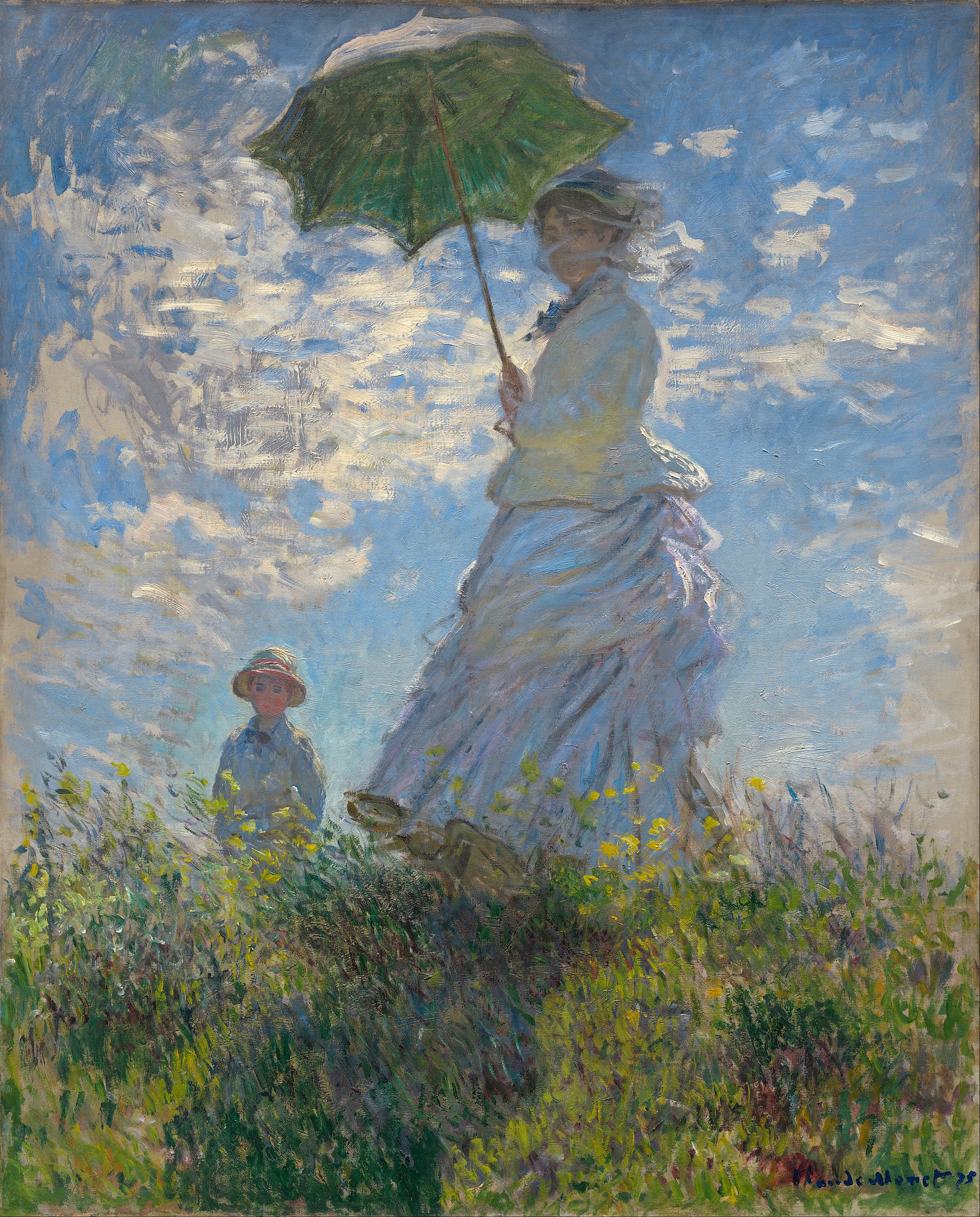 painting by Monet of a woman with a boy holding a parasol