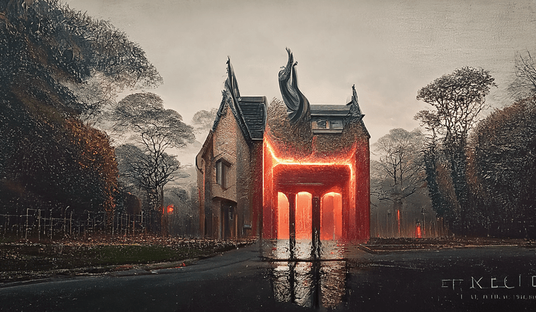 An AI art creation of house on fire in an eerie surrounding depicted as hell