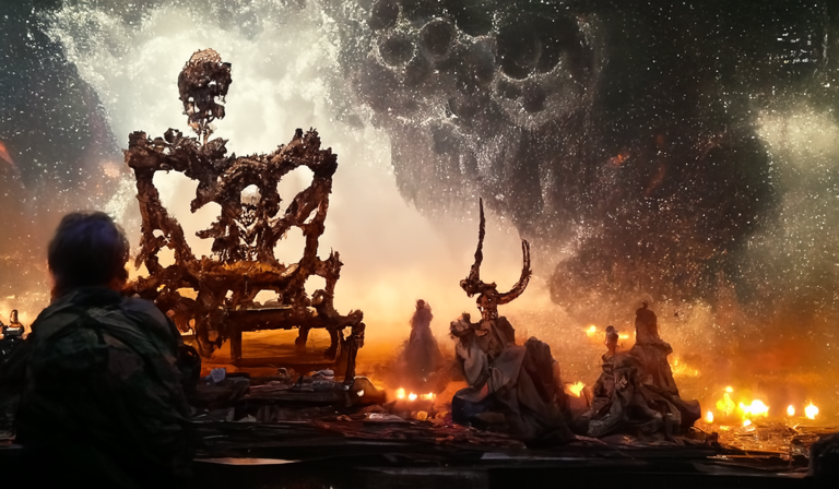 An AI generated image of skull deity surrounded by fire