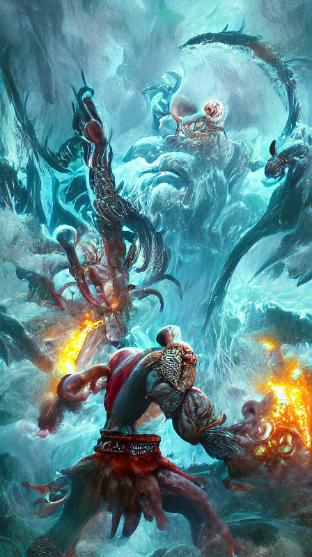 AI generated image of god of war fighting the kraken