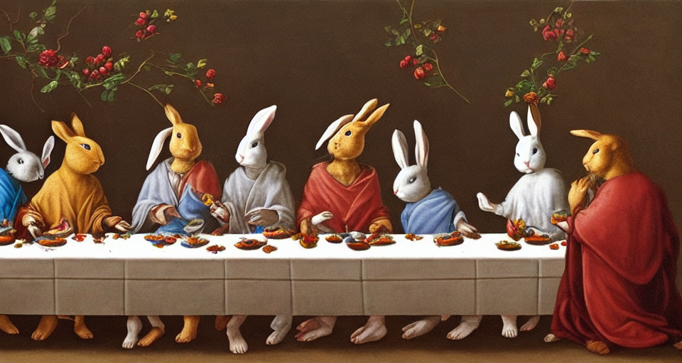 Easter bunnies having supper, generated by starryai