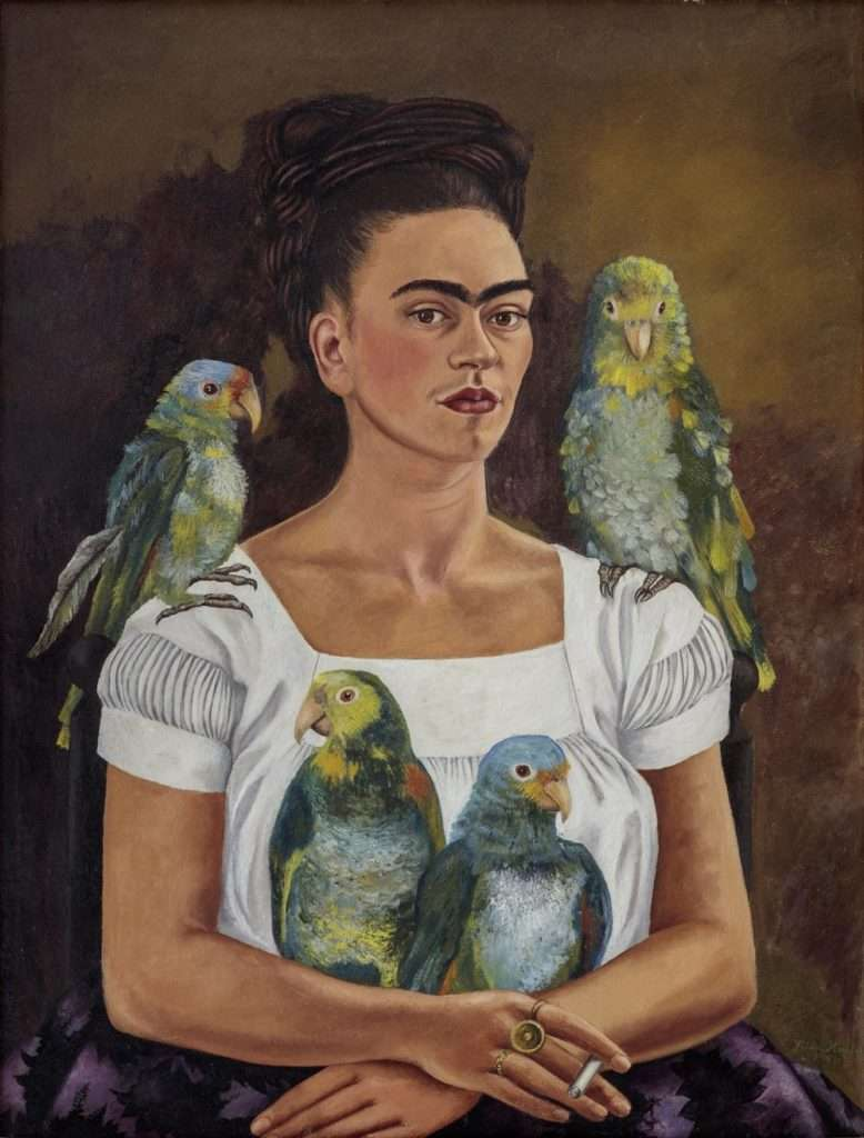 self portrait of Frida Kahlo surrounded by parrots and holding a cigarette