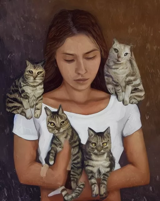 a self-portrait of a woman holding cats