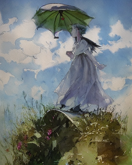 Watercolour painting of a woman holding a parasol generated via starryai